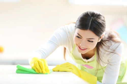 Cleaner working in a Belsizepark apartment kitchen and living area